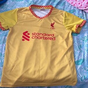 Liverpool Yellow Kids Jersey with Red Logos and Checker Trim